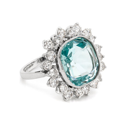 Aquamarine and Diamond Platinum Cluster Dress Ring