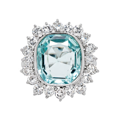 Aquamarine and Diamond Platinum Cluster Dress Ring