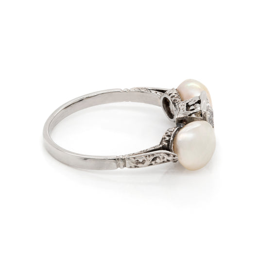 Antique Old Cut Diamond and Natural Pearl 18 Carat White Gold Ring, Circa 1920s