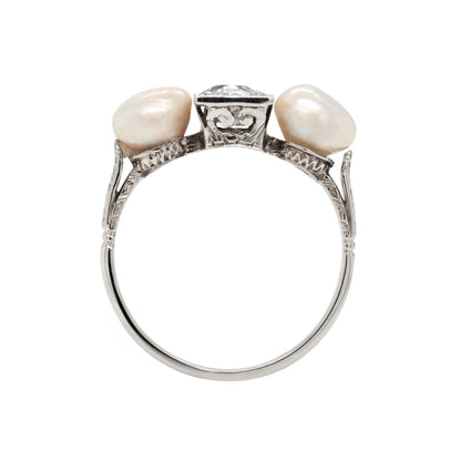 Antique Old Cut Diamond and Natural Pearl 18 Carat White Gold Ring, Circa 1920s