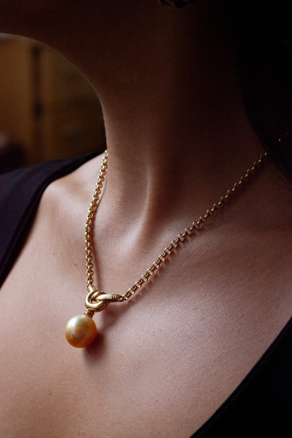 Golden Cultured Pearl and 18 Carat Yellow Gold Love Knot Pendant Necklace