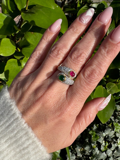 Ruby, Emerald and Diamond Toi et Moi Crossover Cocktail Ring in 18K Yellow Gold