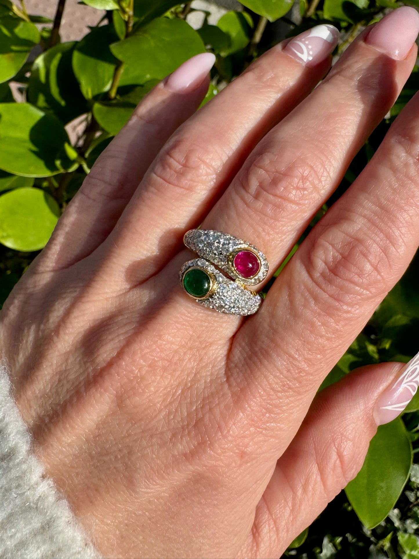 Ruby, Emerald and Diamond Toi et Moi Crossover Cocktail Ring in 18K Yellow Gold