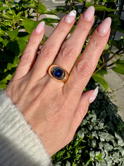 Sugarloaf Cabochon Blue Sapphire and Diamond Bombé Dome Dress Ring in 18K Gold