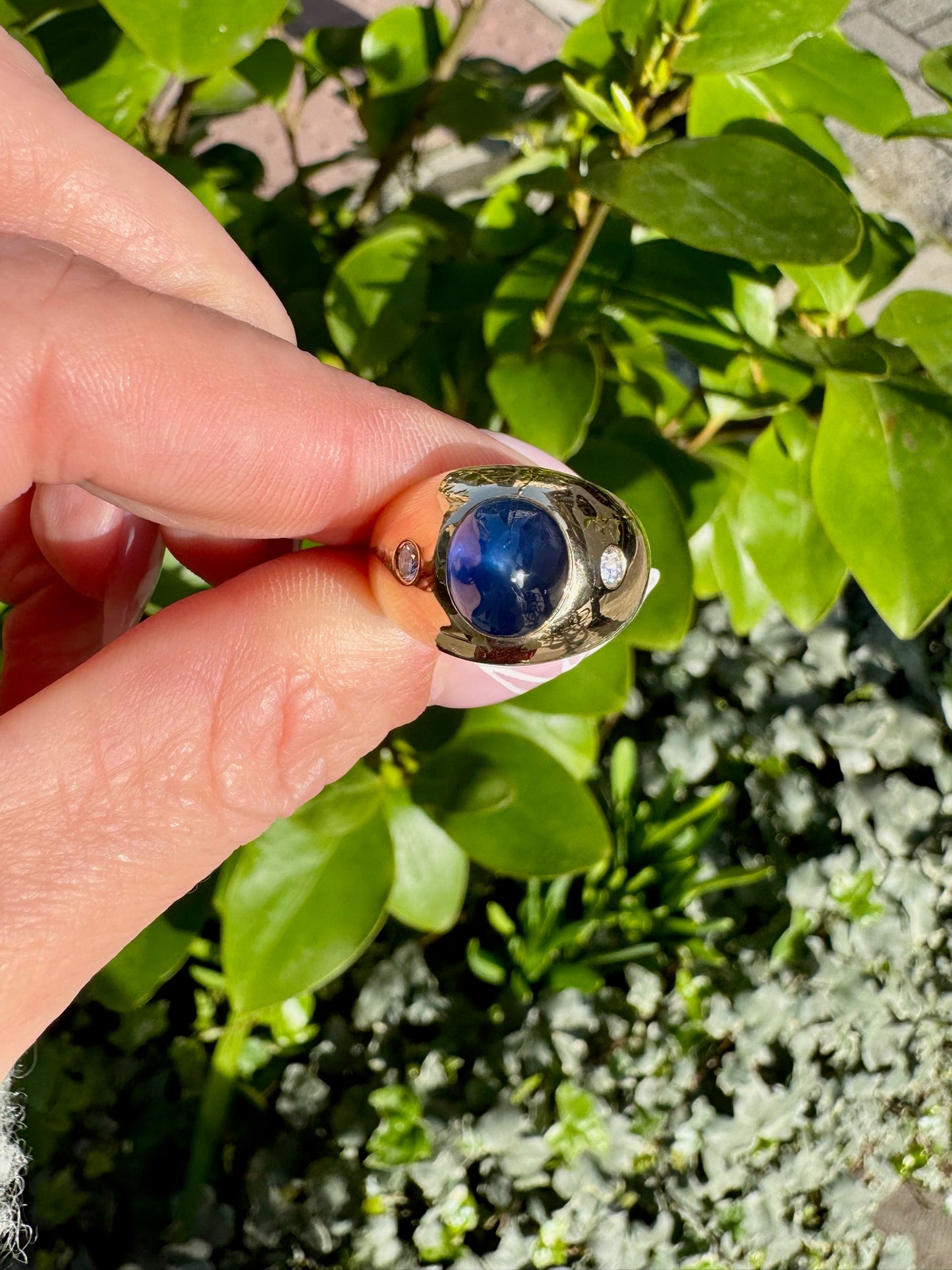Sugarloaf Cabochon Blue Sapphire and Diamond Bombé Dome Dress Ring in 18K Gold