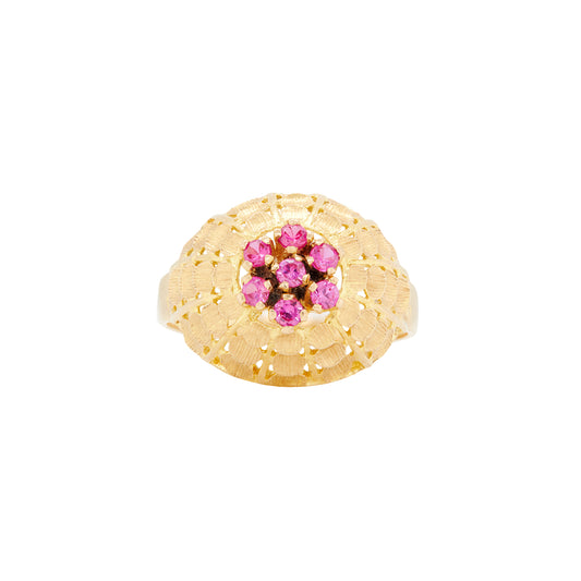 French 18 Carat Yellow Gold & Synthetic Ruby Cluster Open Work Bombé Dress Ring