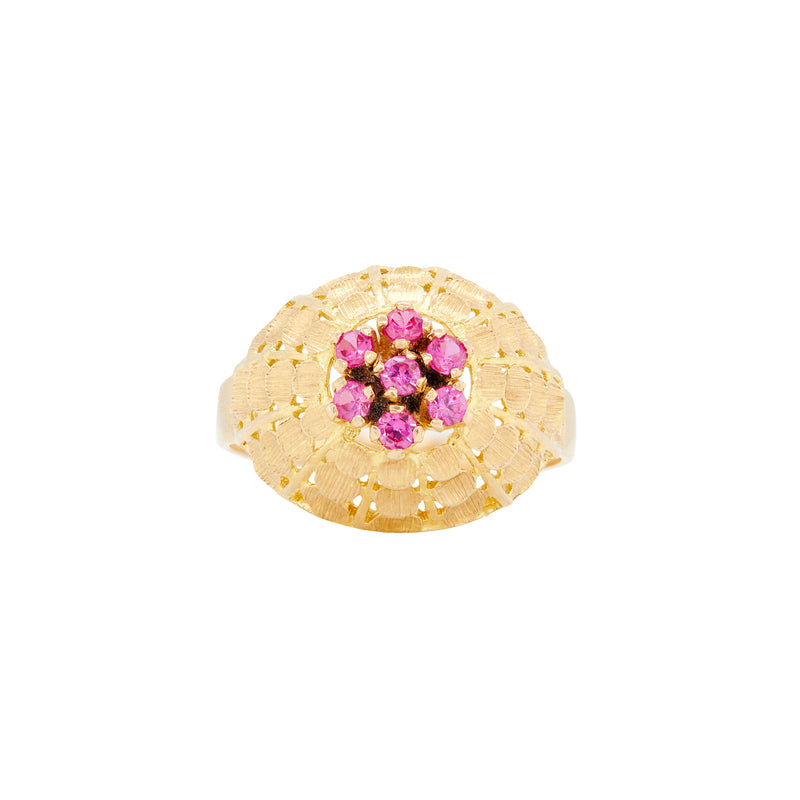 French 18 Carat Yellow Gold & Synthetic Ruby Cluster Open Work Bombé Dress Ring