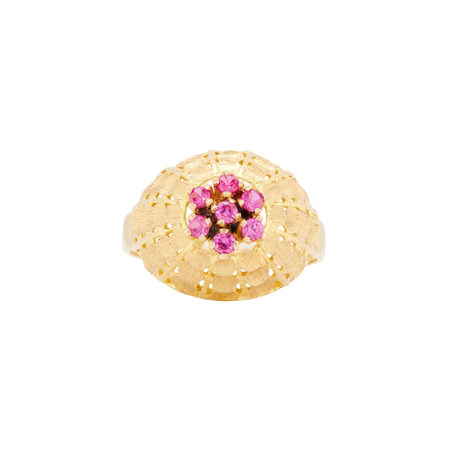 French 18 Carat Yellow Gold & Synthetic Ruby Cluster Open Work Bombé Dress Ring