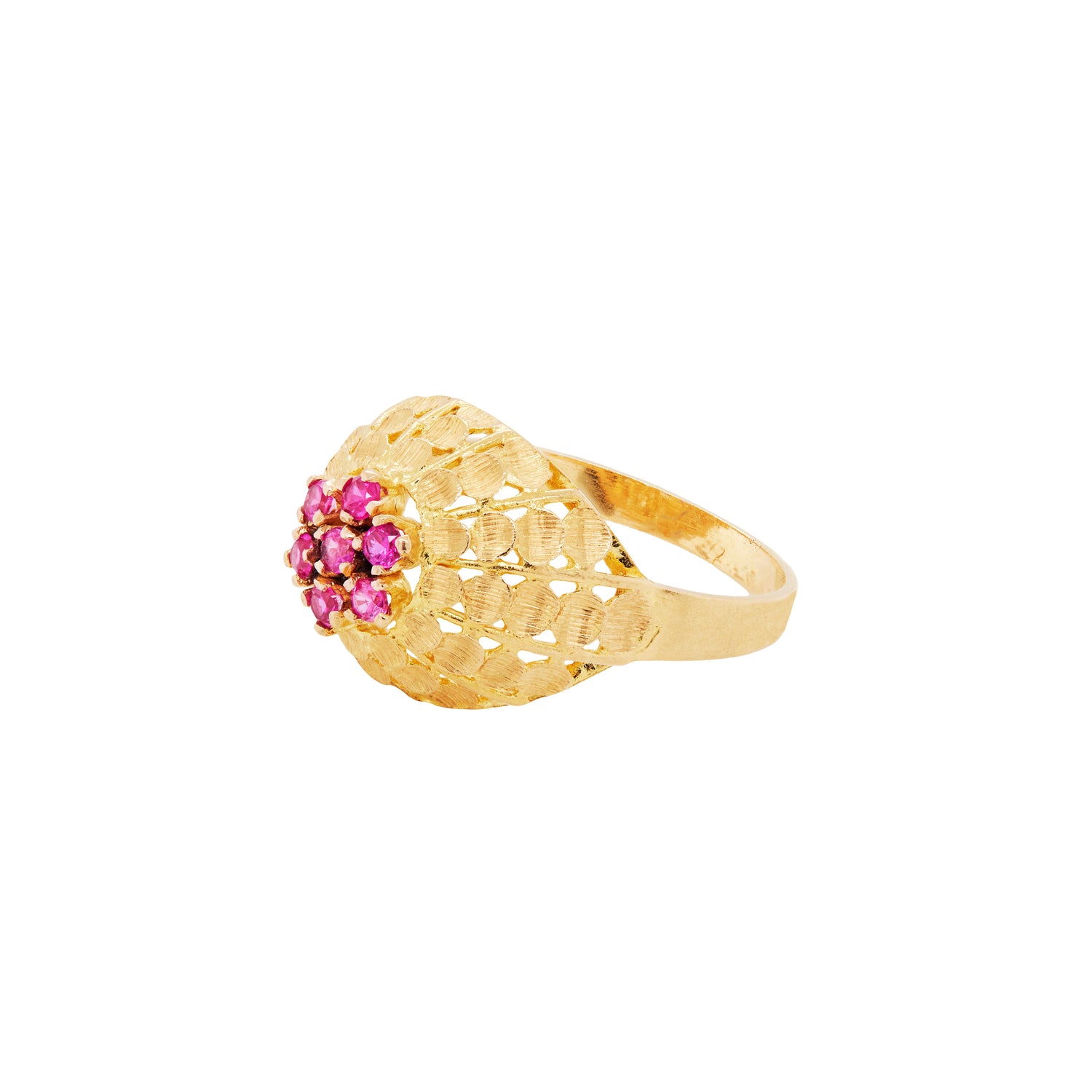 French 18 Carat Yellow Gold & Synthetic Ruby Cluster Open Work Bombé Dress Ring