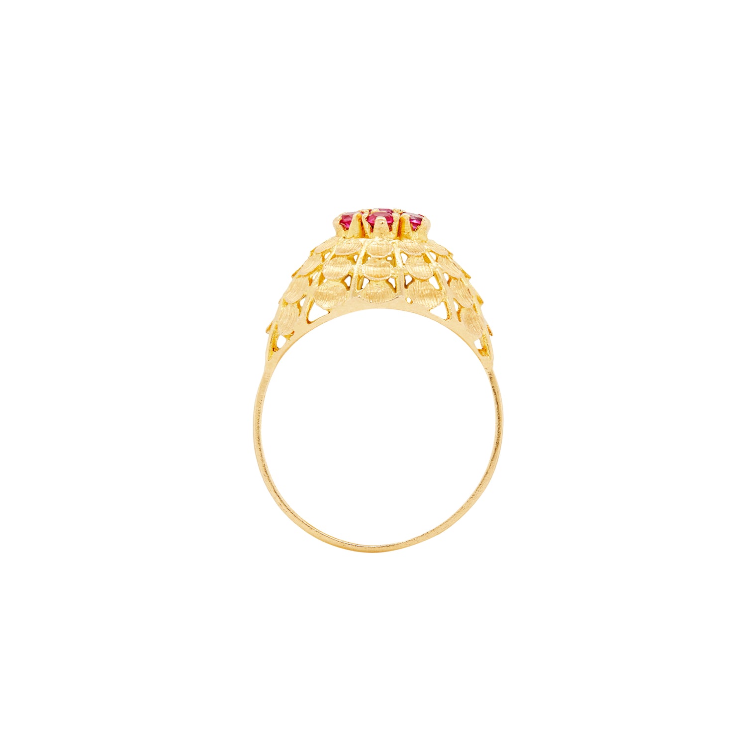 French 18 Carat Yellow Gold & Synthetic Ruby Cluster Open Work Bombé Dress Ring