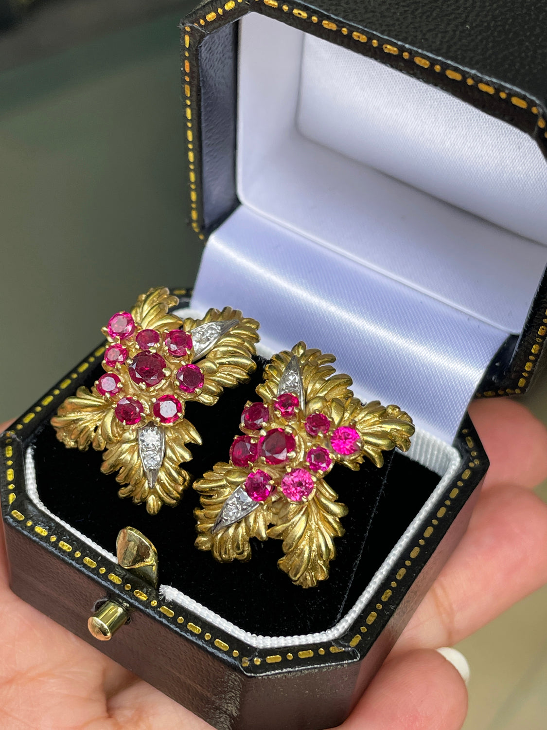 Vintage Ben Rosenfeld Ruby and Diamond 18 Carat Gold Foliate Clip-on Earrings