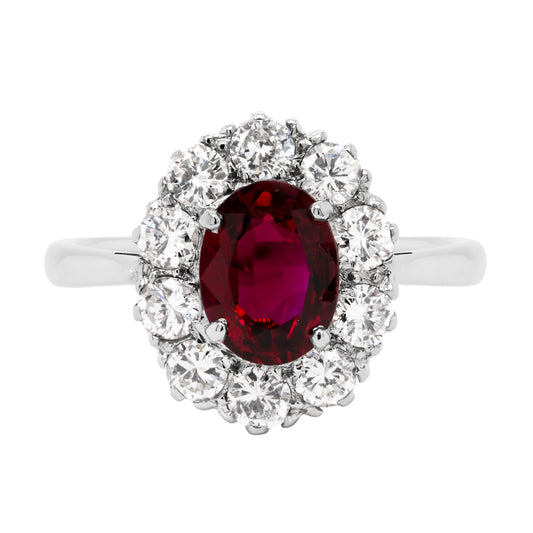 1.44 Carat Natural Ruby and Diamond Coronet Cluster Platinum Engagement Ring