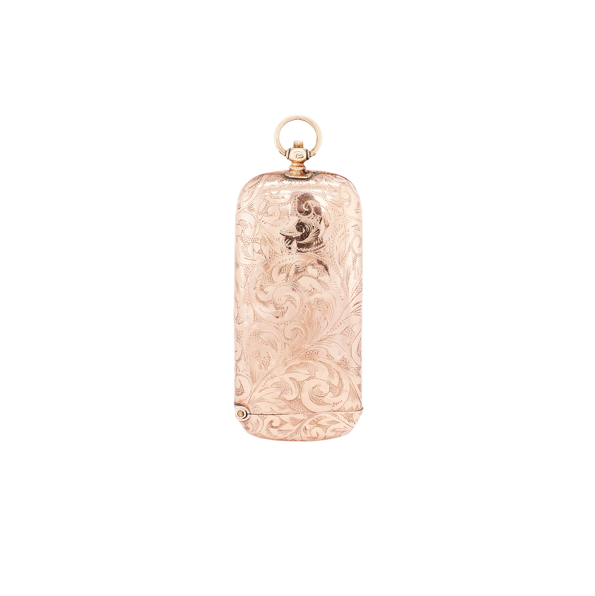 Antique engraved gold vesta case with floral patterns, in rose gold color, featuring a hinged top and a jump ring for attachment.
