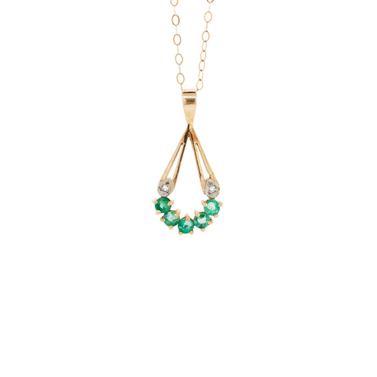 Vintage Emerald and Diamond 9 Carat Yellow Gold Open Work Drop Pendant and Chain