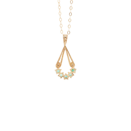 Vintage Emerald and Diamond 9 Carat Yellow Gold Open Work Drop Pendant and Chain