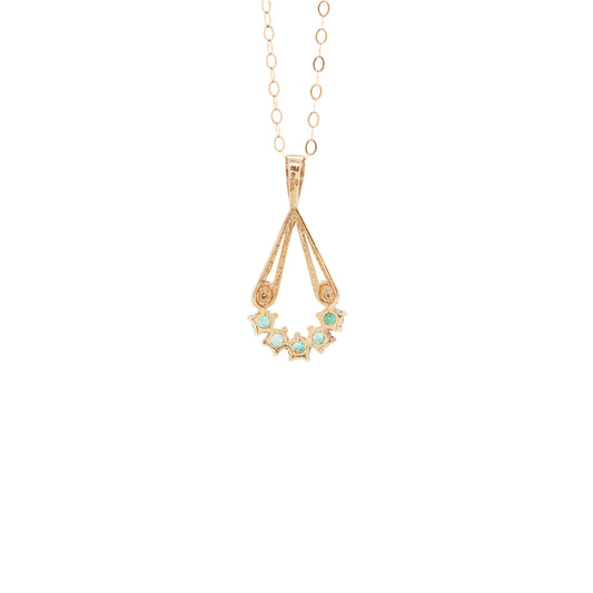 Vintage Emerald and Diamond 9 Carat Yellow Gold Open Work Drop Pendant and Chain