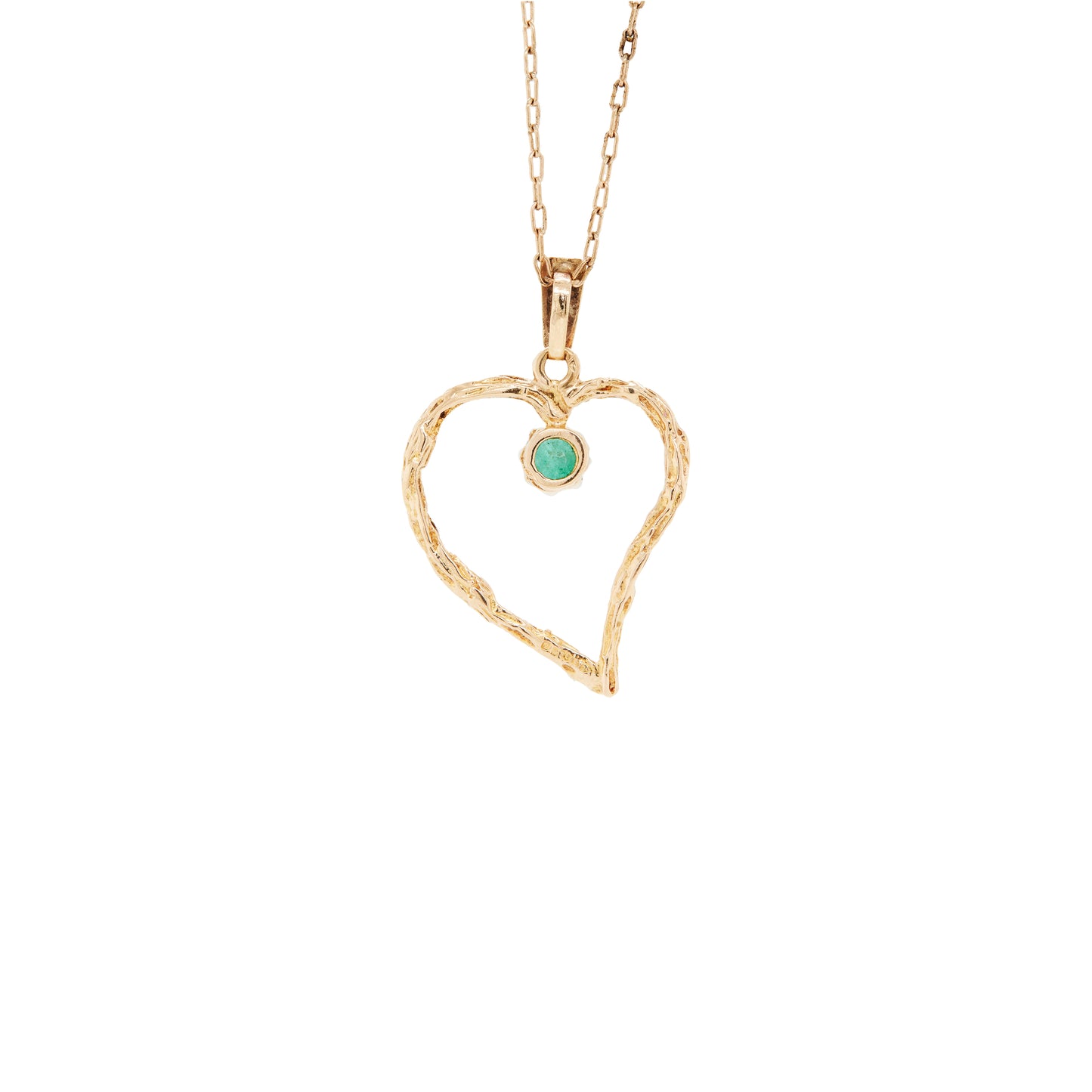 Vintage Emerald & 9 Carat Yellow Gold Open Work Heart Shape Pendant and Chain