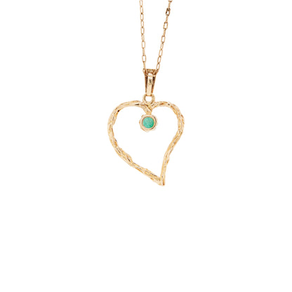 Vintage Emerald & 9 Carat Yellow Gold Open Work Heart Shape Pendant and Chain