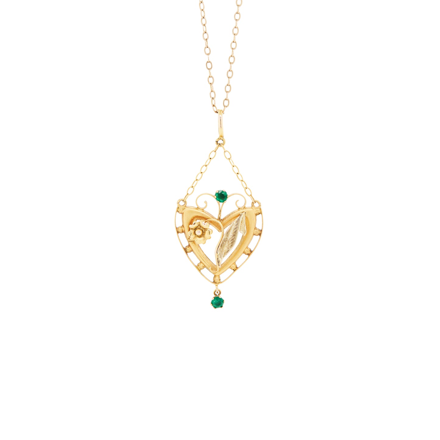Antique 9K Yellow Gold Heart Shape Open Work Floral Drop Pendant & Chain, 1890s