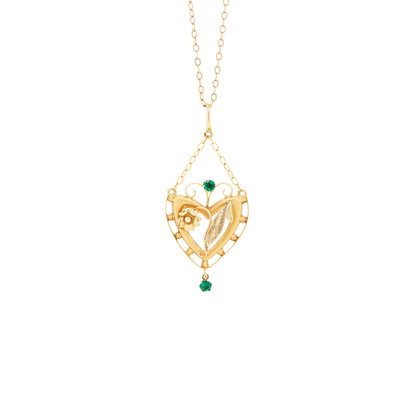 Antique 9K Yellow Gold Heart Shape Open Work Floral Drop Pendant & Chain, 1890s