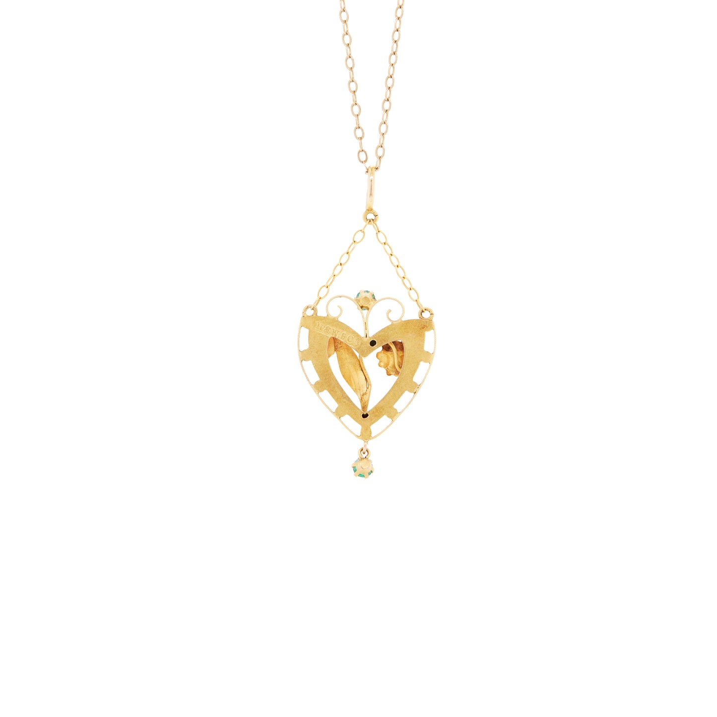 Antique 9K Yellow Gold Heart Shape Open Work Floral Drop Pendant & Chain, 1890s