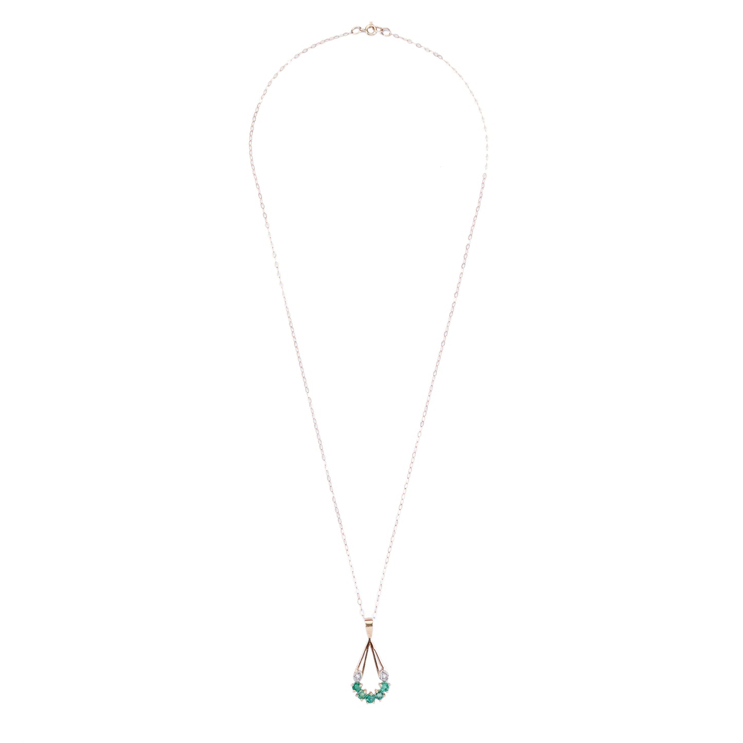 Vintage Emerald and Diamond 9 Carat Yellow Gold Open Work Drop Pendant and Chain