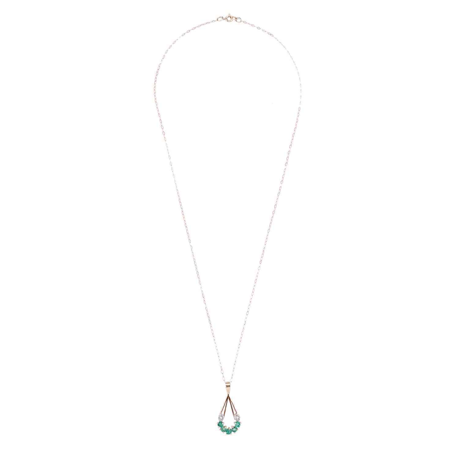 Vintage Emerald and Diamond 9 Carat Yellow Gold Open Work Drop Pendant and Chain