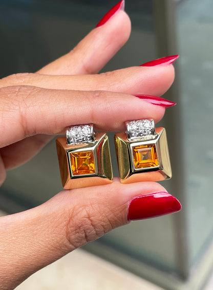 Retro Citrine and Diamond 18 Carat Gold Square Stud Earrings