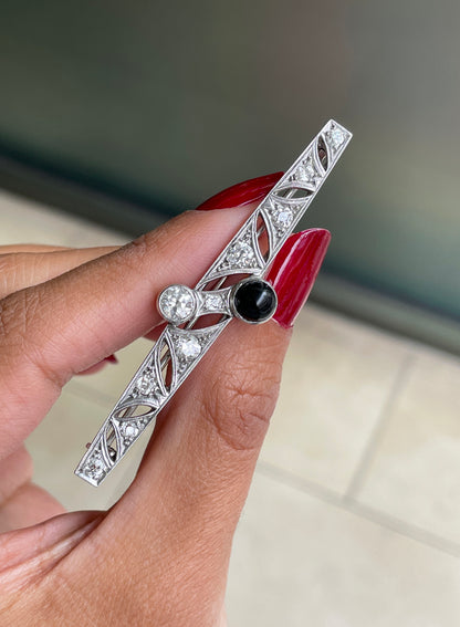 Art Deco Old Cut Diamond and Onyx Platinum Brooch, Circa 1920s