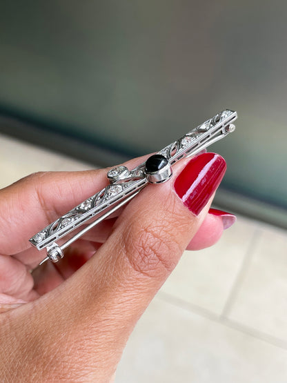Art Deco Old Cut Diamond and Onyx Platinum Brooch, Circa 1920s