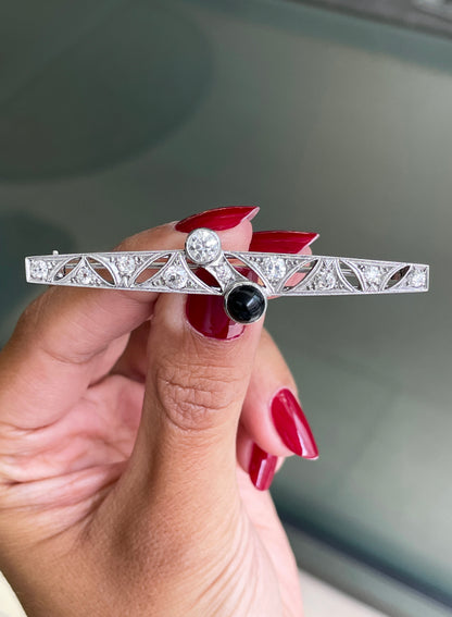 Art Deco Old Cut Diamond and Onyx Platinum Brooch, Circa 1920s