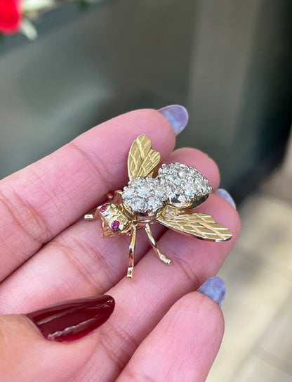 Diamond and Ruby 14 Carat White and Yellow Gold Bee Brooch