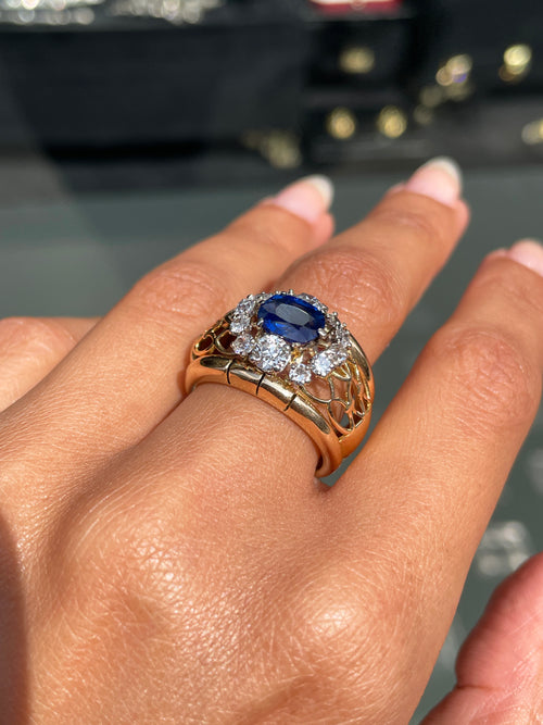 1.49ct Natural Unheated Blue Sapphire & Diamond 18K Gold Dress Ring, c.1940s