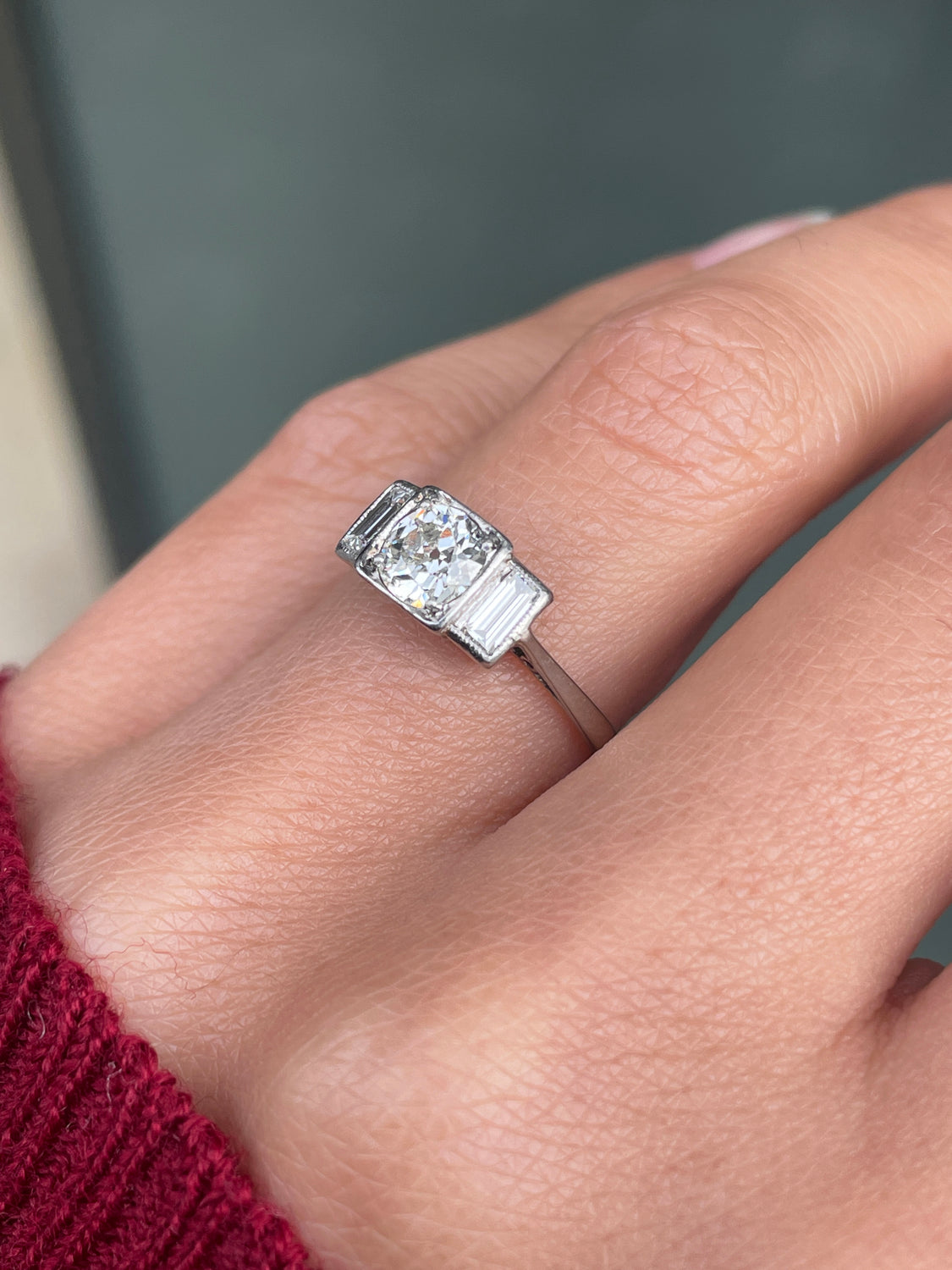 Art Deco 18ct White Gold and Platinum Diamond Three-Stone Engagement Ring