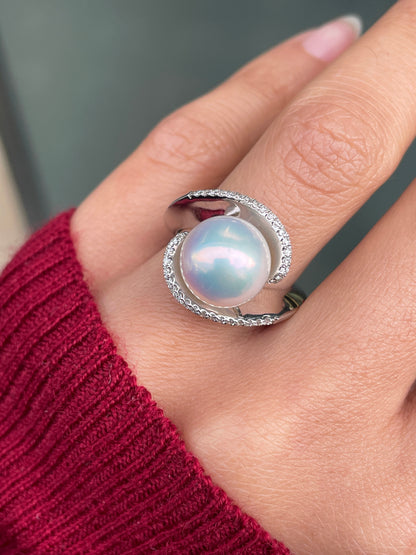 Pearl and Diamond 18 Carat White Gold Crossover Cocktail Ring