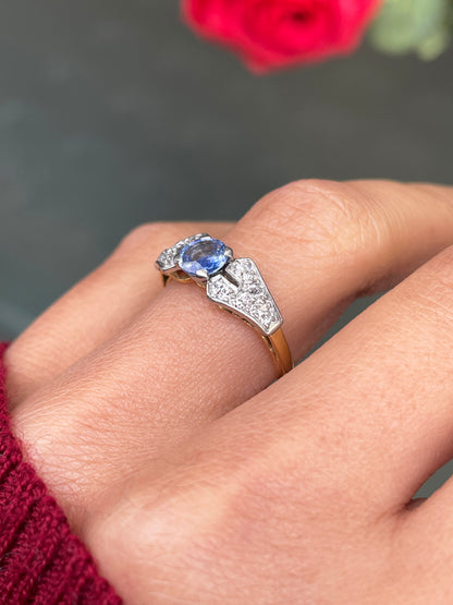 18ct Yellow Gold and Platinum Sapphire and Diamond 1930s Engagement Ring
