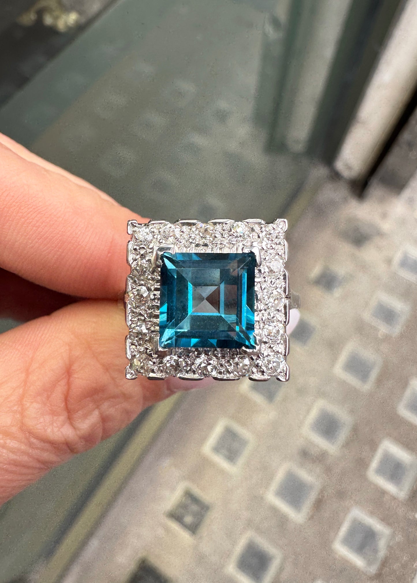 Blue Topaz and Diamond Halo Square Shape Cluster Dress Ring in 18K White Gold