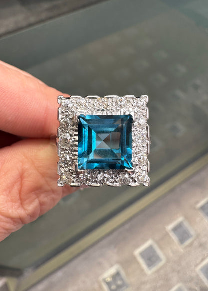 Blue Topaz and Diamond Halo Square Shape Cluster Dress Ring in 18K White Gold