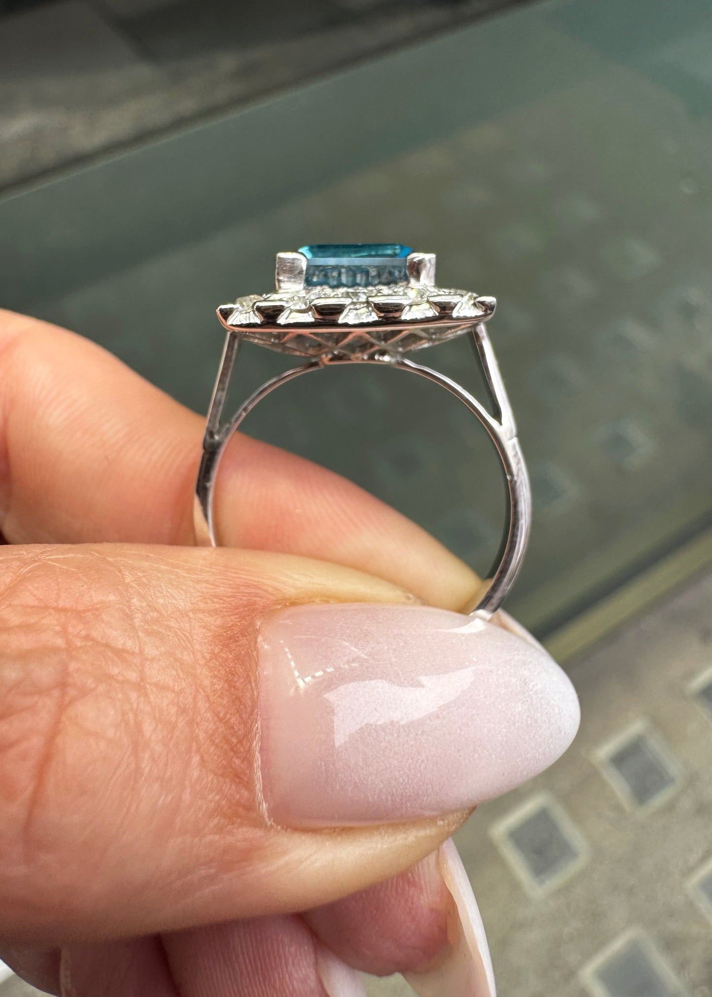 Blue Topaz and Diamond Halo Square Shape Cluster Dress Ring in 18K White Gold