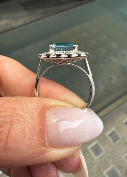 Blue Topaz and Diamond Halo Square Shape Cluster Dress Ring in 18K White Gold