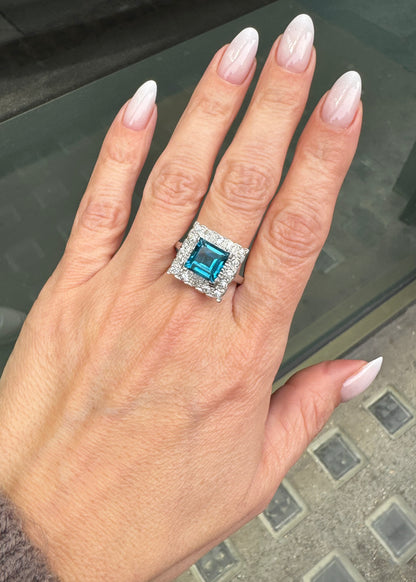 Blue Topaz and Diamond Halo Square Shape Cluster Dress Ring in 18K White Gold