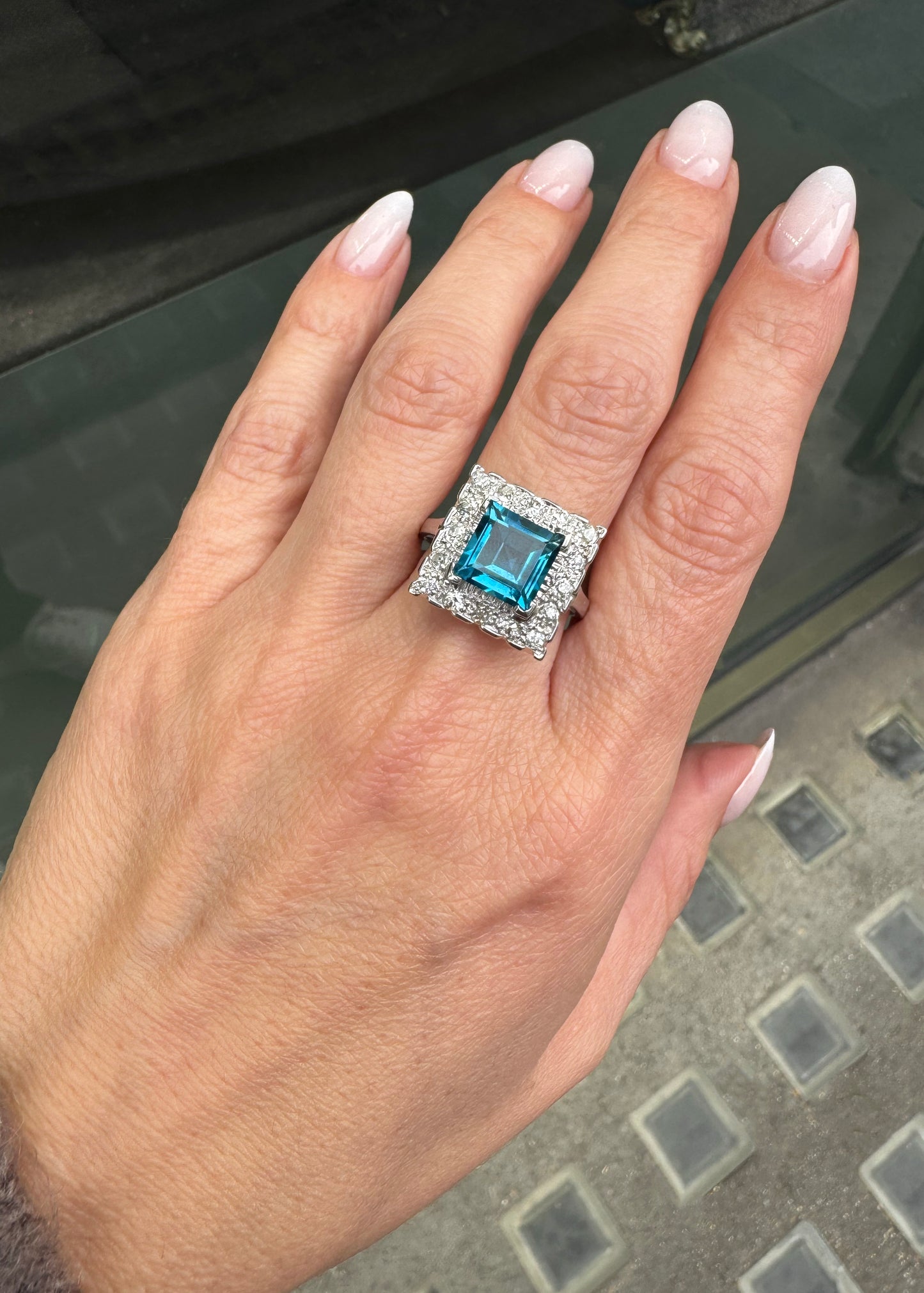 Blue Topaz and Diamond Halo Square Shape Cluster Dress Ring in 18K White Gold