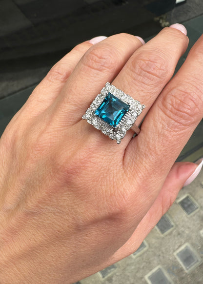 Blue Topaz and Diamond Halo Square Shape Cluster Dress Ring in 18K White Gold
