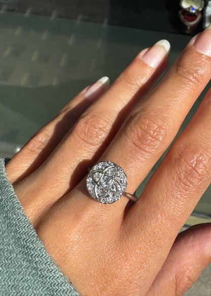 Antique Old Cut Diamond Platinum & 18 Carat White Gold Art Deco Cluster Ring