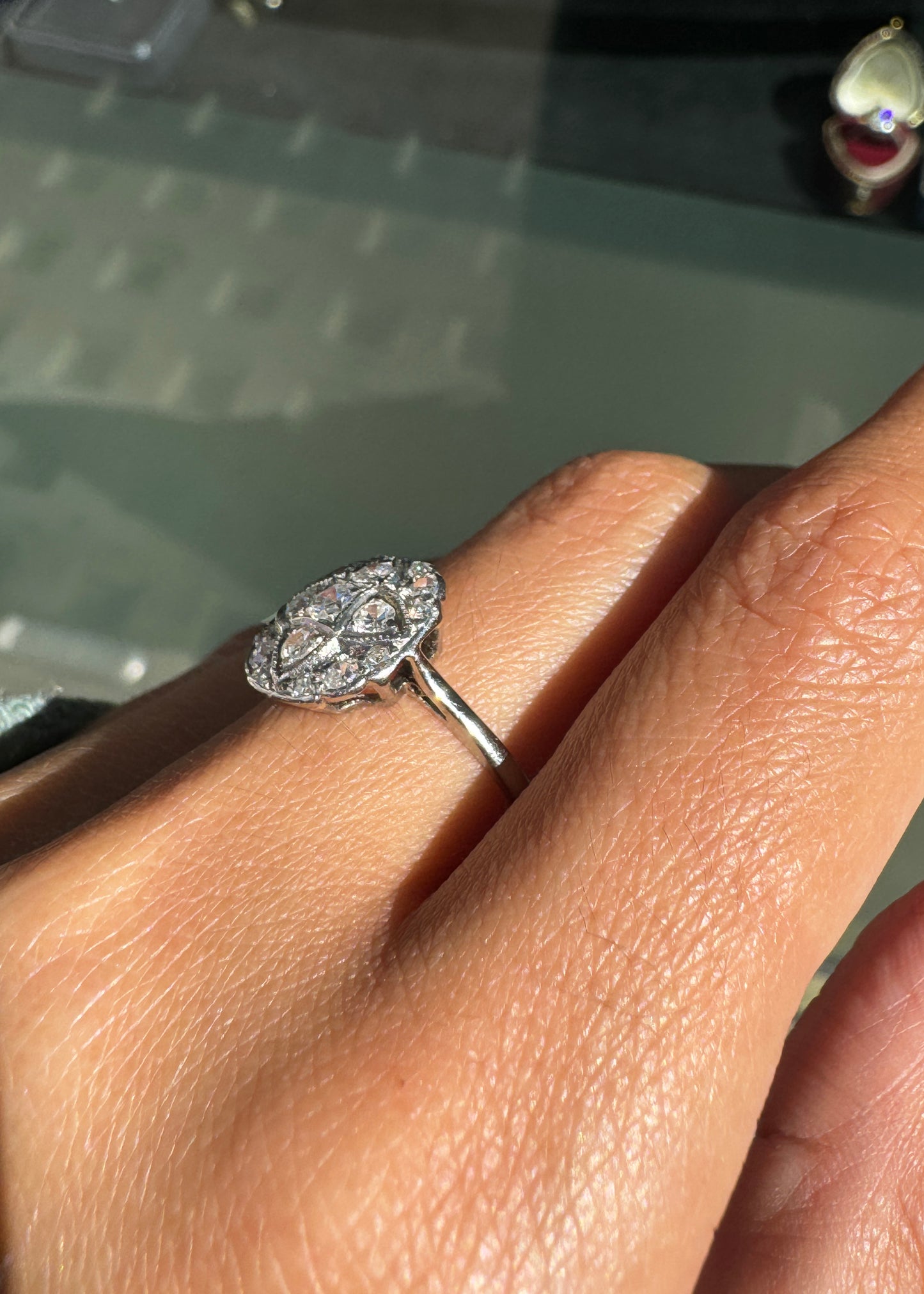 Antique Old Cut Diamond Platinum & 18 Carat White Gold Art Deco Cluster Ring