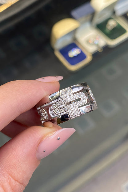 Bvlgari Parentesi Diamond and 18 Carat White Gold Open Work Wide Band Ring