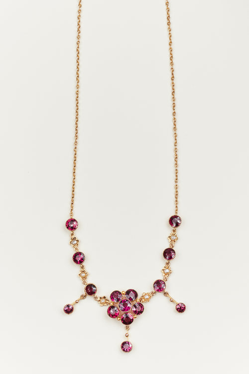 Murrle Bennett Antique Rose Garnet & Seed Pearl Bohemian 9K Yellow Gold Drop Necklace, c.1900s