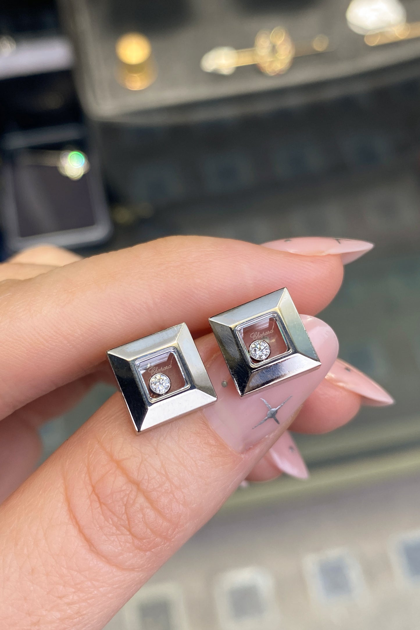 Chopard Happy Diamonds Square Stud Earrings in 18 Carat White Gold