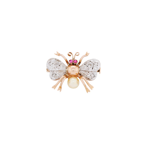 Art Deco Diamond, Ruby and Freshwater Pearl Insect Brooch in 15K Gold, c.1930's