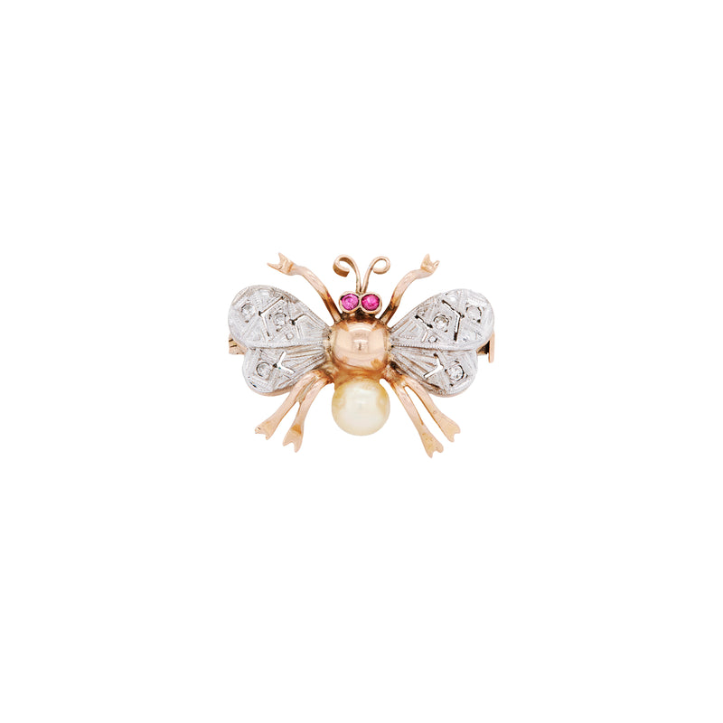 Art Deco Diamond, Ruby and Freshwater Pearl Insect Brooch in 15K Gold, c.1930's